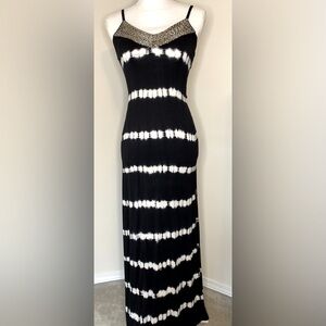 INC Beaded Spaghetti Strap Maxi Dress Black and White Tie Dye.  Size XS